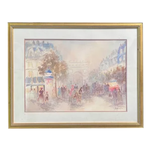 Manfred Kuhnert (B.1931) Parisian Street Scene With Arc De Triomphe Original Watercolor-Framed