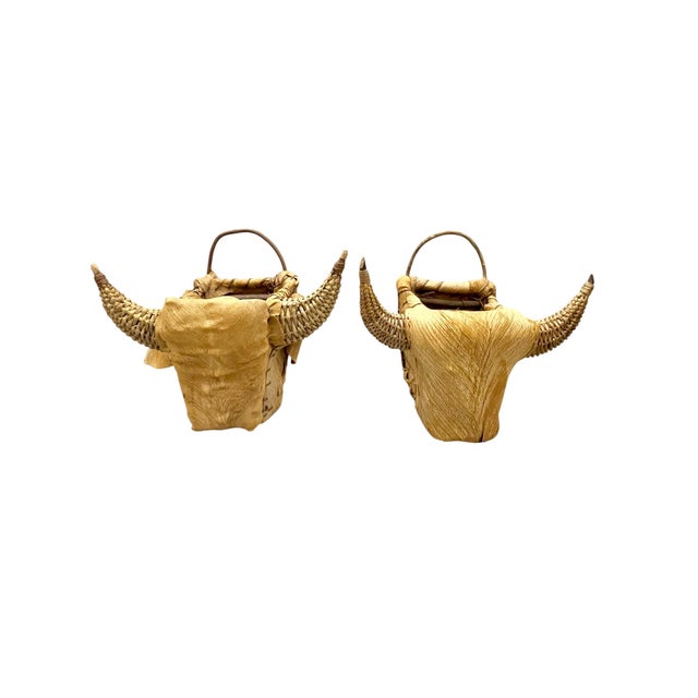Pair Vintage Texas Folk Tramp Art Wicker Bull Head Planters For Sale - Image 10 of 14