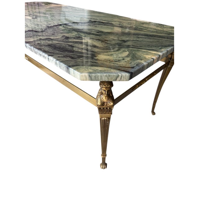 Bottle Green Vintage Brass Stone Top Coffee Table Regency Figural Bagues Attb For Sale - Image 8 of 12