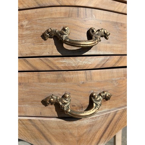 Vintage French Provincial Pair of 3-Drawer Nightstands With Curved Front and Brass Bail Pulls For Sale - Image 4 of 17