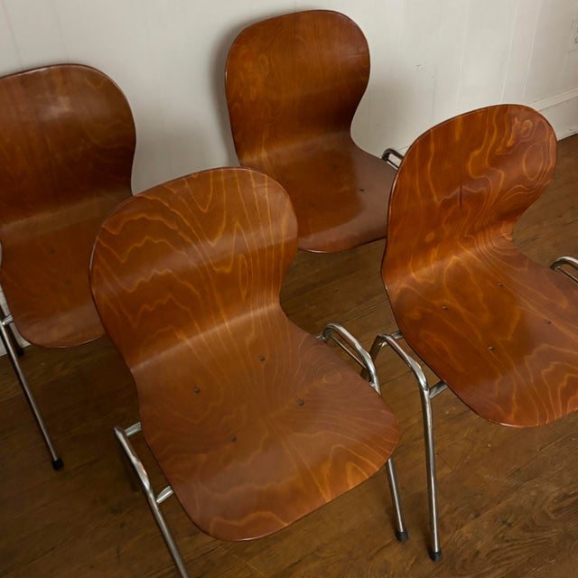 Vintage Bentwood Stacking Chairs – Danish Modern Style, Chrome Frame (Set of 4) For Sale - Image 10 of 11