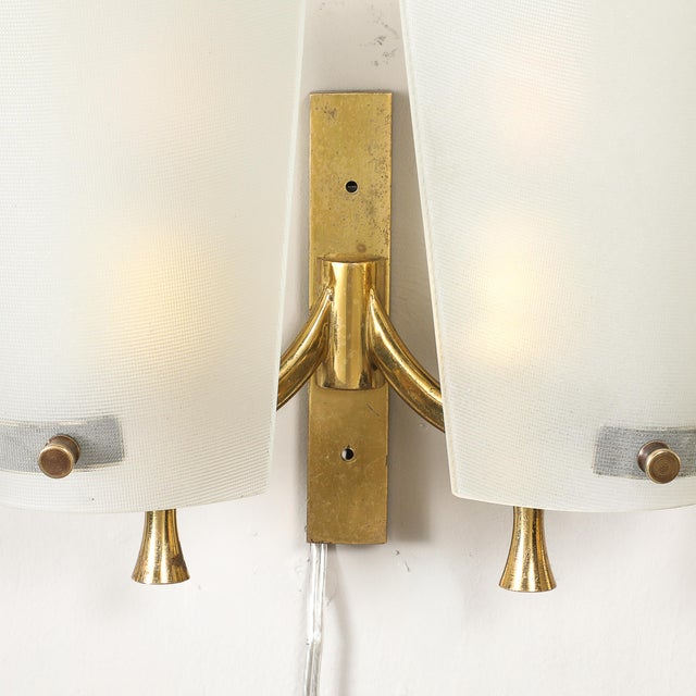 1960s Italian Mid-Century Double Shaded Textured Glass & Brass Wall Sconces - a Pair For Sale - Image 10 of 17