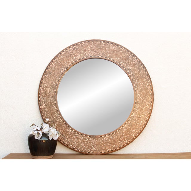 Brown 48" Dm Walnut Finish Round Inlay Mirror For Sale - Image 8 of 8