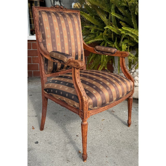 19th Century Antique 19c Louis XVI Carved Walnut Arm Chair For Sale - Image 5 of 7