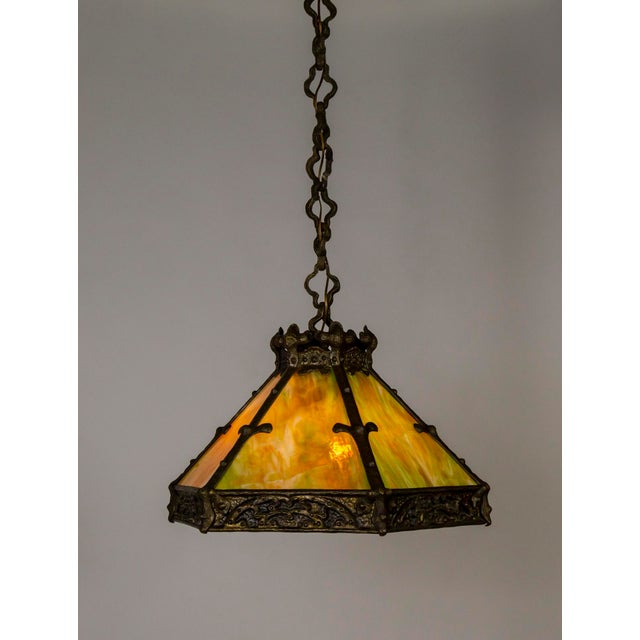 Gothic Early 20th Century Cast Bronze & Green Amber Slag Glass Hex Paneled Pendant Light For Sale - Image 3 of 13