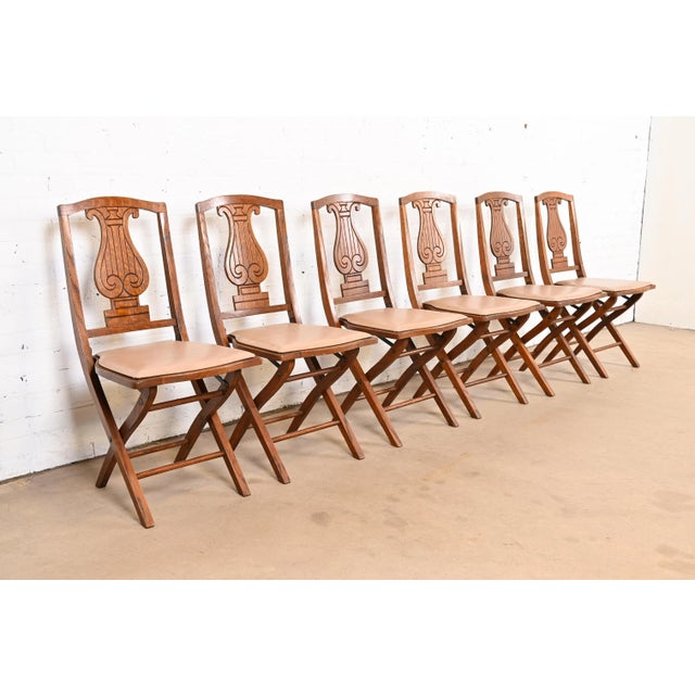 Antique Arts & Crafts Carved Oak Lyre Back Folding Dining Chairs by Phoenix Chair Co., Set of Six For Sale - Image 12 of 12