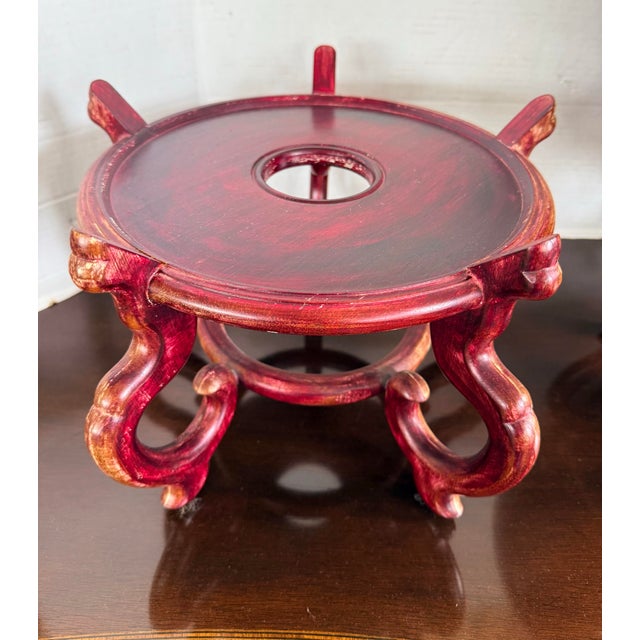 Pair of Large Chinese Red Oxblood Porcelain Urns Jardinieres on Carved Stands For Sale - Image 4 of 8