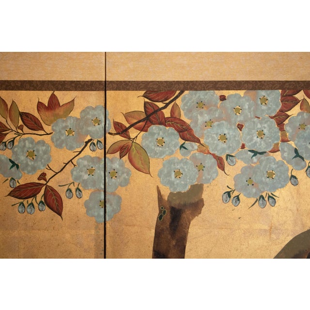 1970s C. 1970s Chinese Six-Panel Gold Leaf Style Painted Screen "Blossoming Plum Tree" For Sale - Image 5 of 14