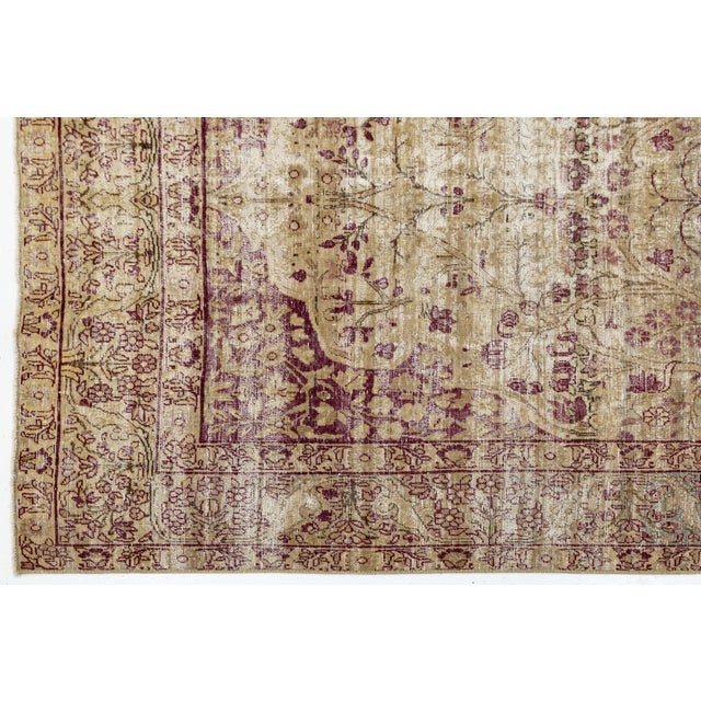 Gold Antique Kerman Rug With Distressed Gold & Mulberry Floral Motif For Sale - Image 8 of 8