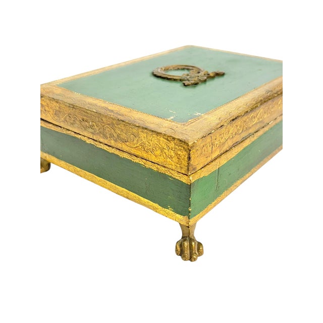 Mid 20th Century Vintage Italian Gilt and Green Painted Box With Metal Lion Paw Feet and Metal Laurel Wreath For Sale - Image 5 of 17