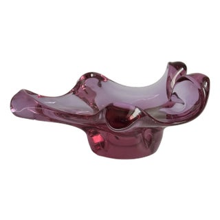 Mid 20th Century Raspberry Pink Art Glass Dish With Pedestal For Sale