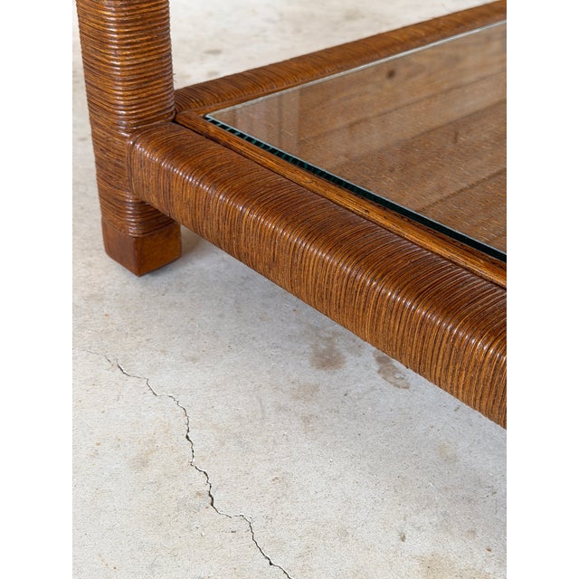 Wood Modern Coastal Rattan Wrapped Two-Tier Console Table With Glass Shelves For Sale - Image 7 of 12