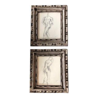 Gallery Wall Collection- 2 Vintage Art Deco 1940’s Male Nude Original Charcoal Study Drawings -A Pair For Sale