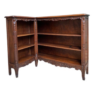 Antique French Corner Bookcase Carved Oak Louis XV Revival Open Shelves C1920 For Sale