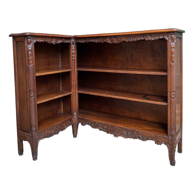 Antique French Corner Bookcase Carved Oak Louis XV Revival Open Shelves C1920 For Sale