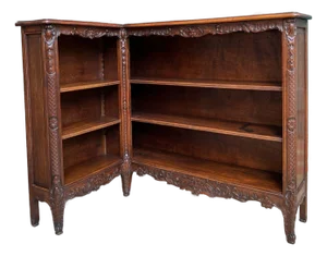 Antique French Corner Bookcase Carved Oak Louis XV Revival Open Shelves C1920