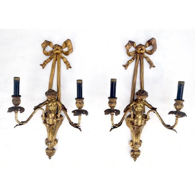 Metal Pair Antique Gilt Bronze Two-Light Wall Sconce w/ Cherub Louis XVI Style NICE For Sale - Image 7 of 12