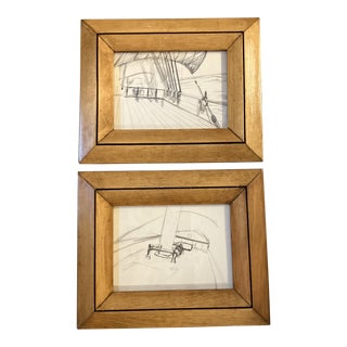 1950’s 2 Original Sailing/Sailboat Drawings/Watercolors Vintage Frames-A Pair For Sale