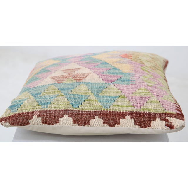 Tribal Arteverk Handwoven Afghan Kilim Pillow — Pink & Green Diamond Lattice For Sale - Image 3 of 3
