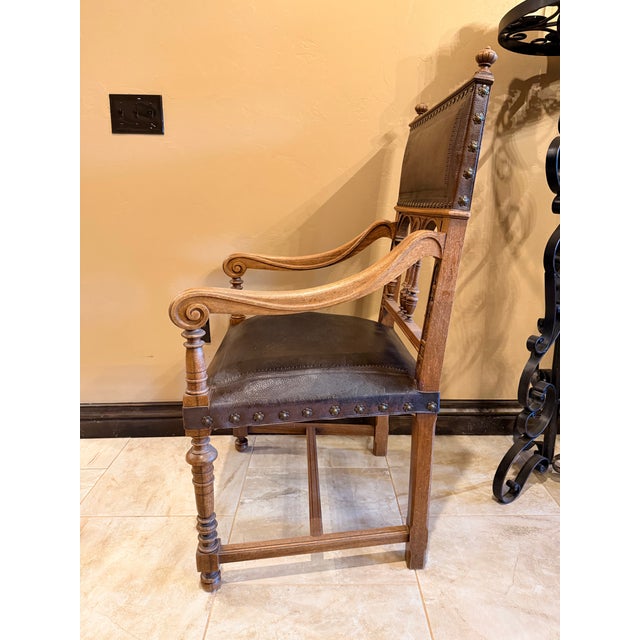 Brown Vintage Renaissance Revival Carved Wood and Embossed Leather Armchairs – A Pair For Sale - Image 8 of 11