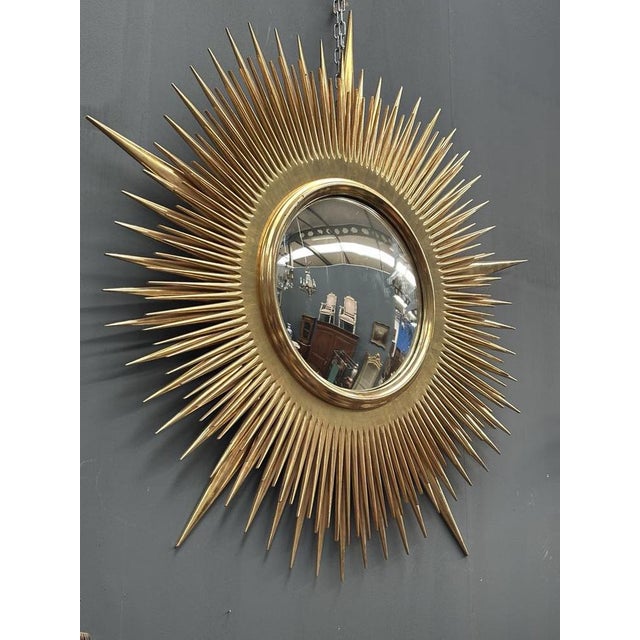 Mid-Century Modern Large Gold Gilt Convex Sunburst Mirror For Sale - Image 3 of 12