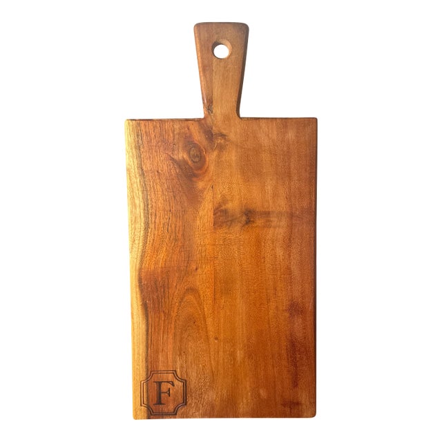 Vintage Acacia Wood Cutting Board or Serving Board With Handle For Sale