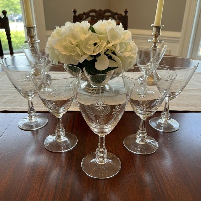 Glass Vintage Tiffin Franciscan Shooting Star Water Goblets-Set of 7-Etched Stemware For Sale - Image 7 of 9