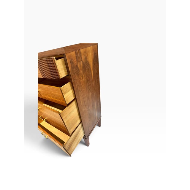 Refinished 1960s Mid Century Modern Walnut Tallboy Dresser | Vintage Walnut Crescent Series S-2430 Highboy Chest | Fluted Louvered Accent Drawer For Sale - Image 10 of 12