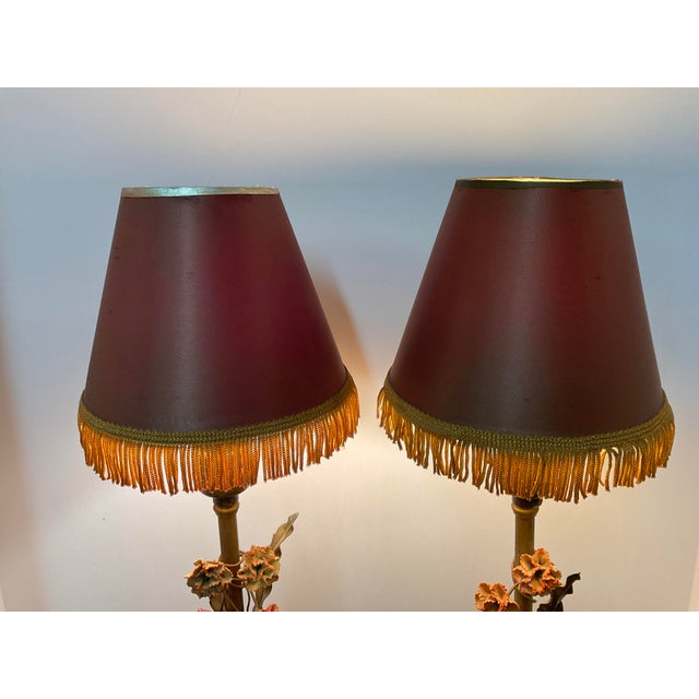 Early 20th Century Early 20th Century Italian Metal & Marble Decorative Table Lamps With Metal Flowers - a Pair For Sale - Image 5 of 10