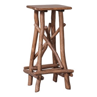 Mid-Century Wooden Sculpture Pedestal Bar Stool in the style of Adirondack For Sale