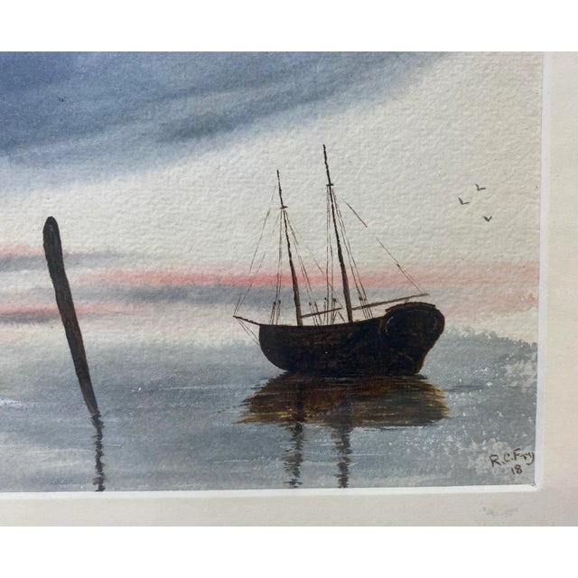 English Antique Original Signed Sailboat Watercolor Painting by R C Fry From England - Circa 1918 For Sale - Image 3 of 8