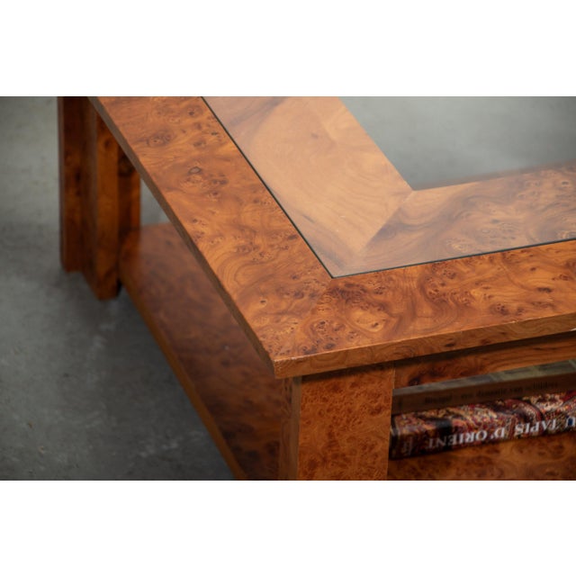 Walnut Burl and Glass Coffee Table, 1989 For Sale - Image 4 of 12