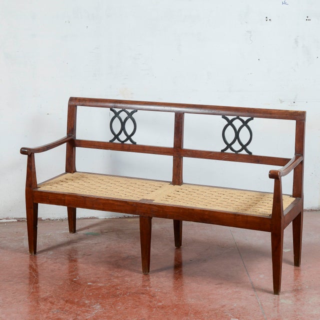 Beige 18th Century Style Bench with Raffia and Straw Seat For Sale - Image 8 of 15