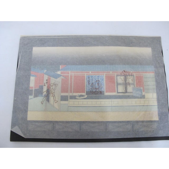 Original Japanese color woodblock print "Bunraku Theater Stage Set for " Natsumatsuri Naniwa Kagami" (The Summer Festival...