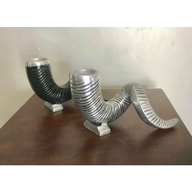 Black and Silver Color Metal Ram Horn Candle Holders - a Pair For Sale In San Diego - Image 6 of 8