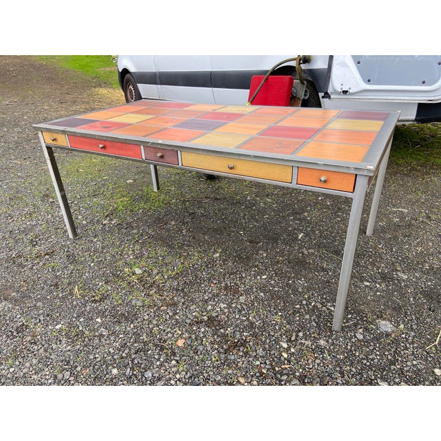 2010s Venezia Furniture Modern Brushed Steel Table Partners Desk With Wooden Squares Tiles and Glass Top For Sale - Image 5 of 12
