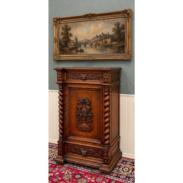 Traditional Antique French Renaissance Revival Oak Cabinet Barley Twist Carved Drawers 19thC For Sale - Image 3 of 17