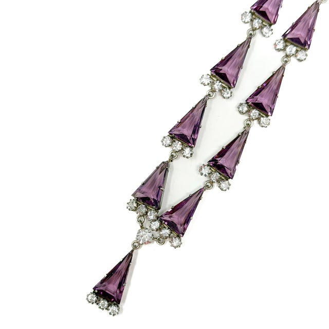 Art Deco Silver, Purple Triangular Glass and Paste Necklace and Earrings, 1920s, Set of 2 For Sale - Image 9 of 17