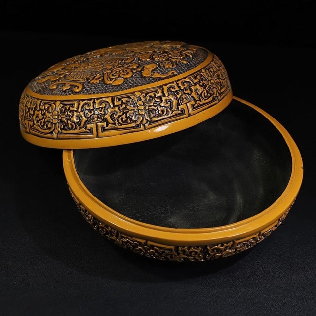 Carved Yellow Lacquer Box With Peony and Auspicious Symbols For Sale In Los Angeles - Image 6 of 9