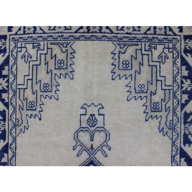 Textile Vintage Turkish Oushak Rug Featuring Deep Indigo and Ivory Geometric Medallion For Sale - Image 7 of 12