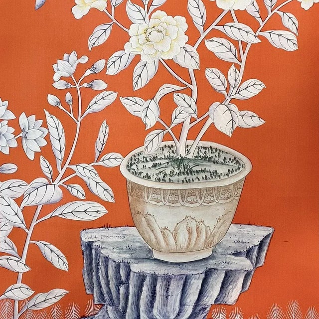 Textile 36"x108" Hand-Painted Silk Chinoiserie Wallpaper Panel in Orange Red on Sale For Sale - Image 7 of 7