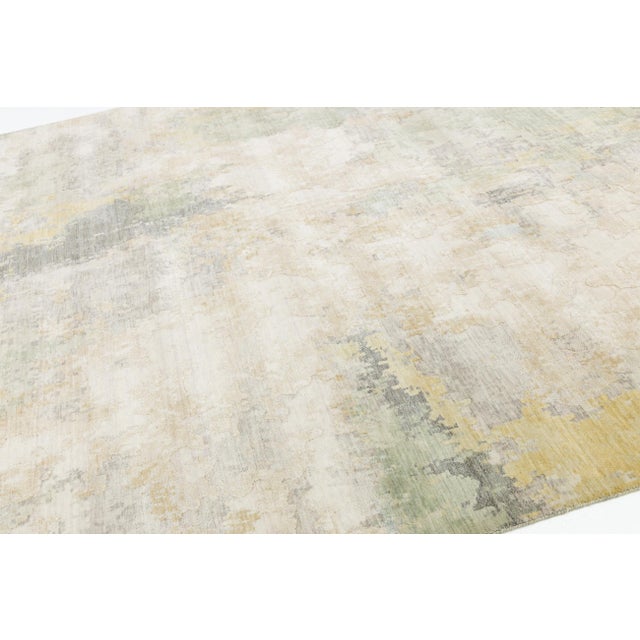2010s Abstract Watercolor Modern Area Rug – Sage Green, Gold, & Ivory Wool-Nylon Blend For Sale - Image 5 of 10