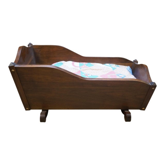 Vintage Solid Oak Baby Doll Sized Rocking Cradle Crib W Cushion & Quilt 27" For Sale