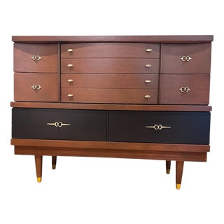 Custom Reimagined Bassett Mid-Century Modern Dresser | Vintage Oak Geometric Credenza | Matte Black Natural Wood Tuxedo Sideboard Buffet For Sale