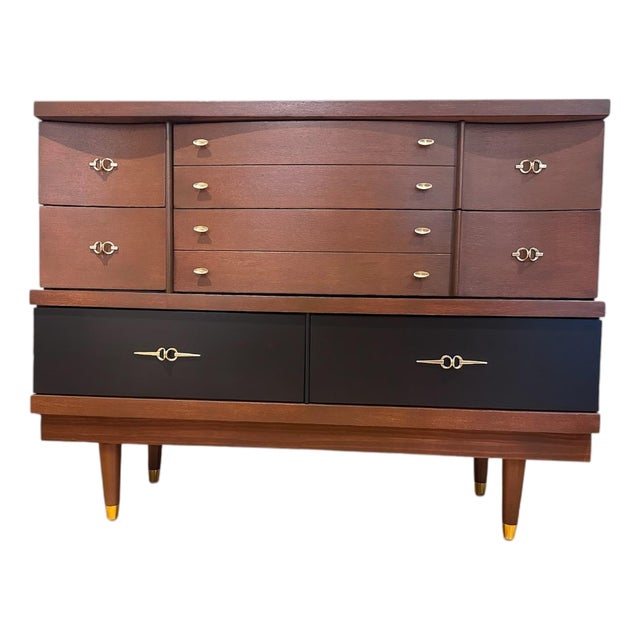 Custom Reimagined Bassett Mid-Century Modern Dresser | Vintage Oak Geometric Credenza | Matte Black Natural Wood Tuxedo Sideboard Buffet For Sale