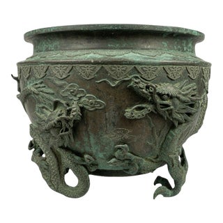 Meiji Bronze Jardiniere Relief Cast Dragons Signed Yoshida Zo Monumental For Sale