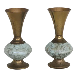 Delft Holland Brass and Ceramic Set of Two Bud Vase