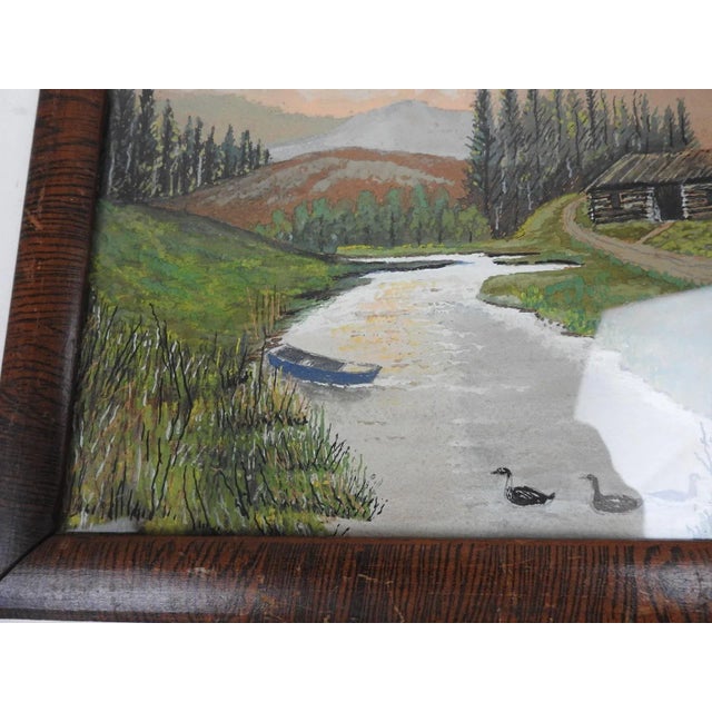 Vintage Rustic Folk Art Riverside Cabin Landscape Painting For Sale - Image 4 of 6