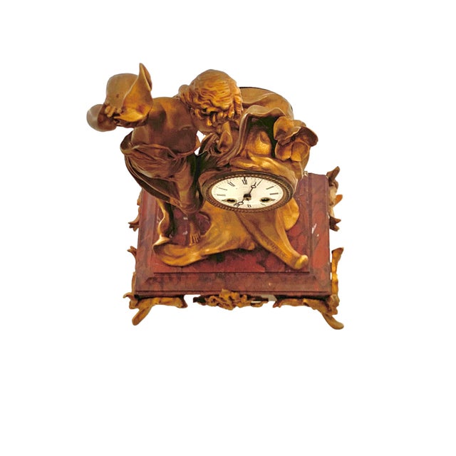 Antique Mantel Clock Lady Figure on Marble Base French Laurore Art Nouveau Style For Sale - Image 11 of 12