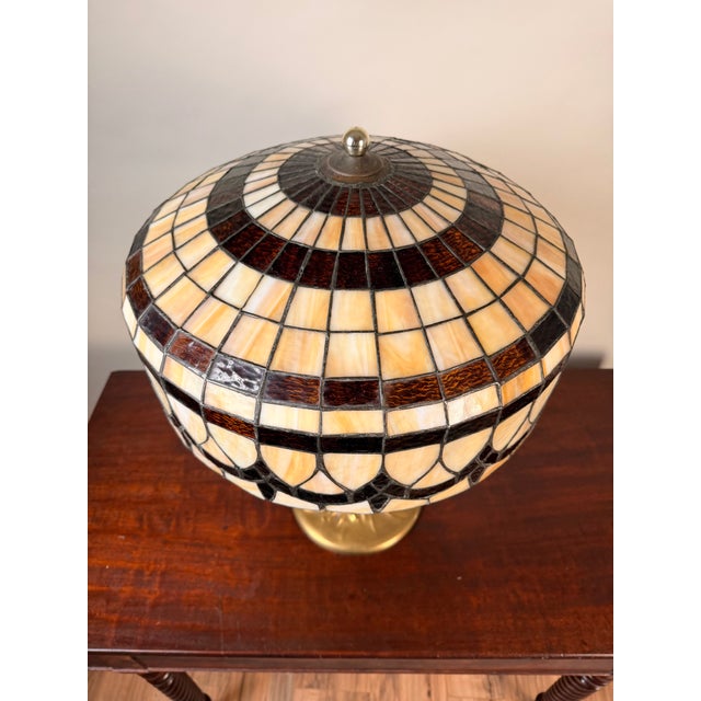 Vintage Tiffany Revival Leaded Stained Glass Table Lamp With Cast Brass Tree-Form Base For Sale - Image 4 of 12